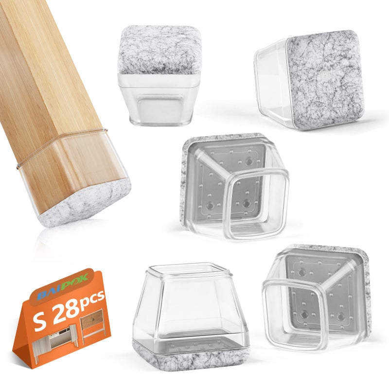 BAIPOK 28Pcs Square Chair Leg Floor Protectors with Wrapped Felt Bottom  Silicone Chair Leg Protectors for Hardwood Floors  Chair Legs Cover Prevents Scratches & Reduce Noise (Clear S Fit 0.87""-1.10"") - Image 1